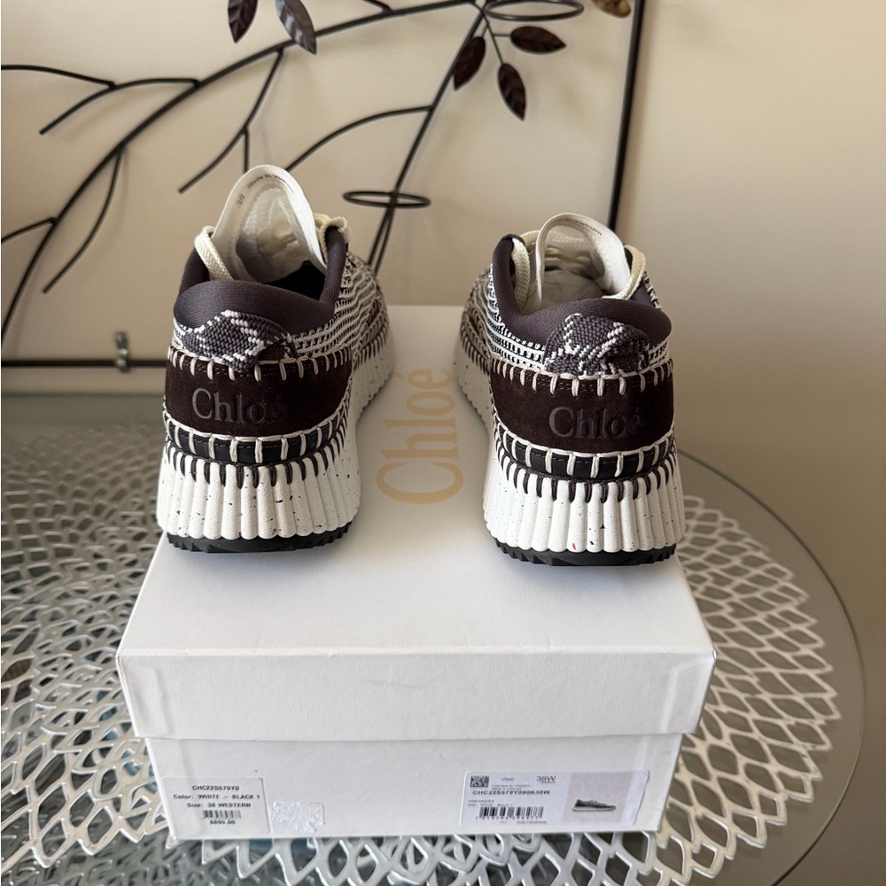 Chloe Nama Woven Stitch-Trim Platform Sneaker Size 38 White Black & Brown NIB - Picture 15 of 17